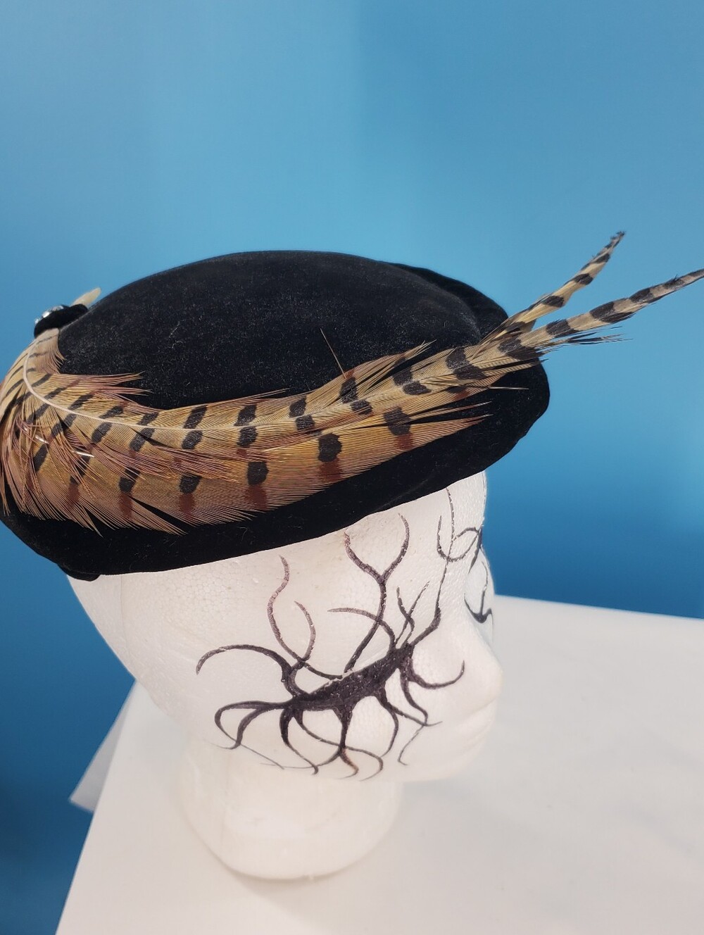 Vintage black velvet hat with feather